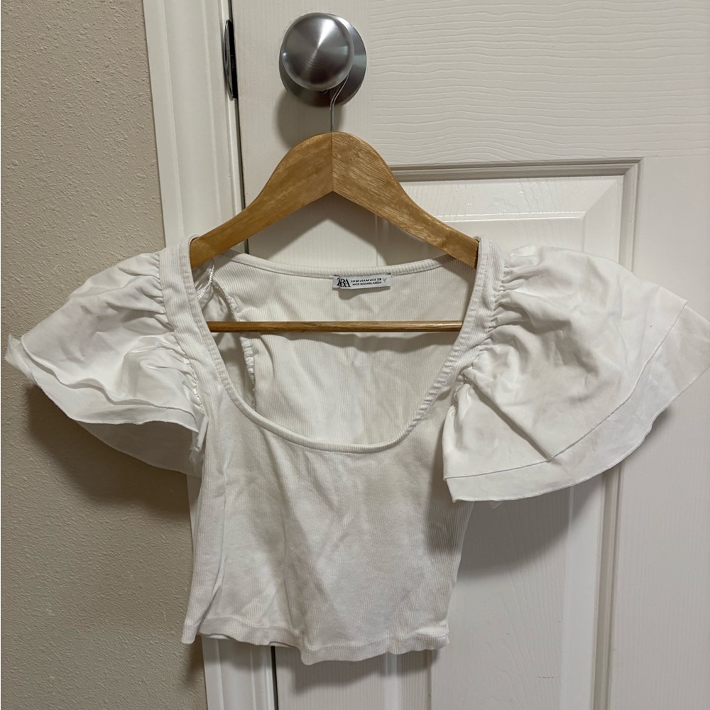 Zara White Ruffle Sleeve Blouse